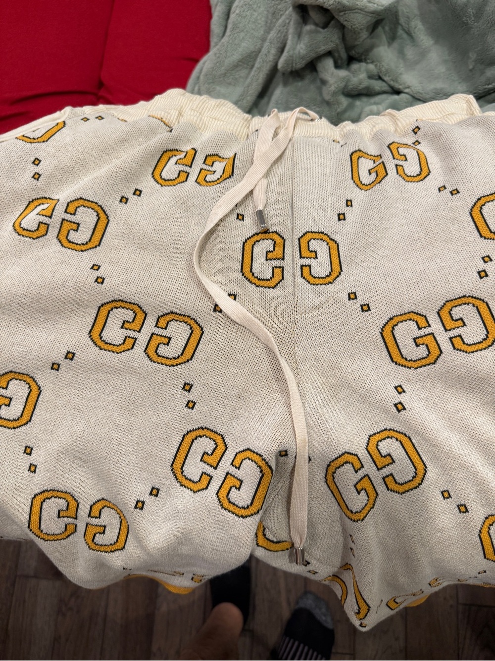 Gucci Cream Knit Shorts with Yellow GG Pattern